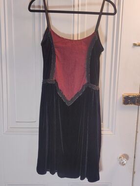 Vintage Cykxtees Black and Burgundy Gothic Dress with Corset Detail 1998